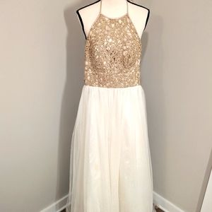 B darlin Halter white & gold prom formal dress gown size 10